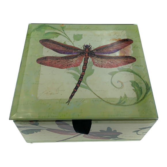 Red Dragonfly Keepsake Box French Inspired Beveled Glass Velvet Lined 4"Square - Picture 2 of 7